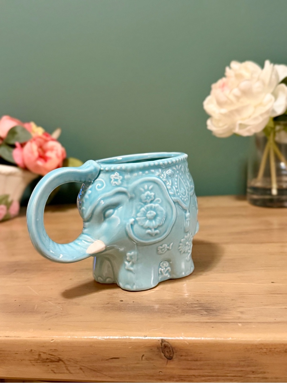 Boston Warehouse Turquoise Elephant Mug Floral Ceramic Cute